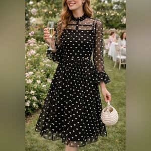 NWT Sheer Heart Print Romantic Garden Party Dress – Black & White – Size (M)